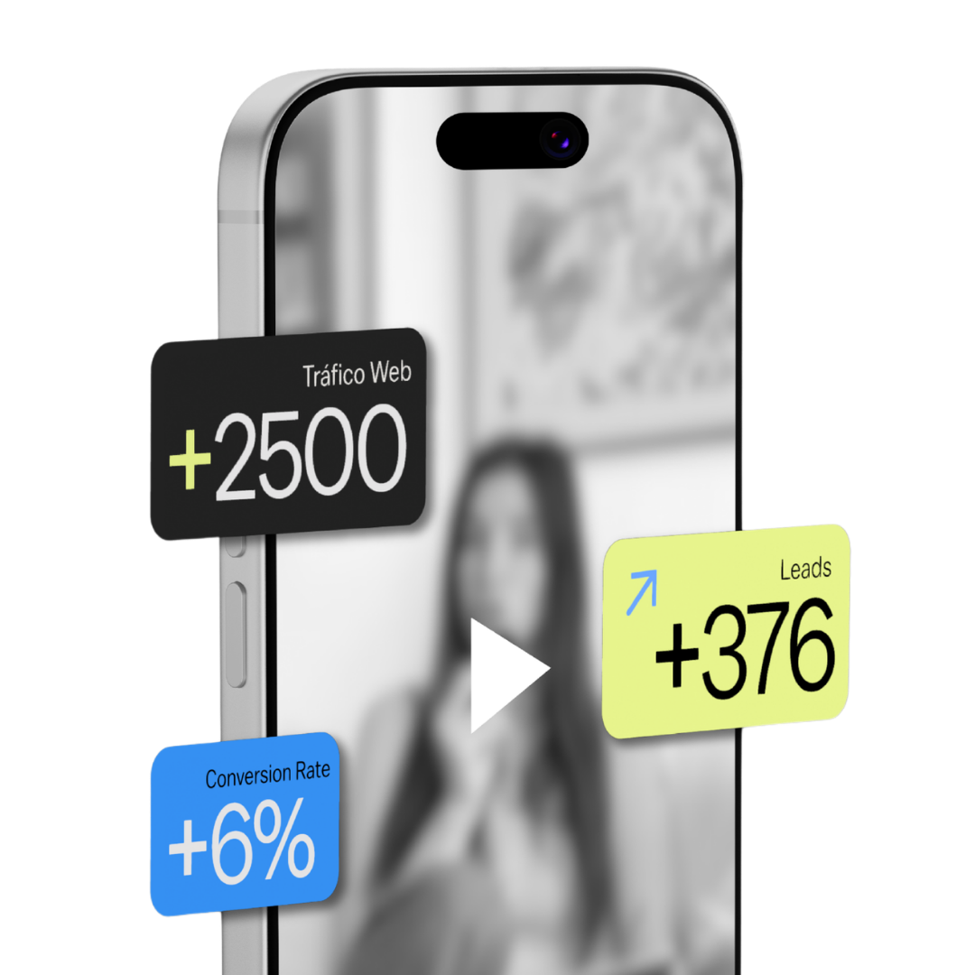 Mockup de publicidad digital con métricas de tráfico, leads y conversión